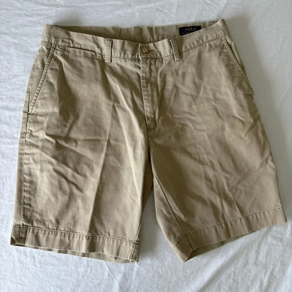 Polo Ralph Lauren Mens Khaki Chino Shorts Tan Cotton Twill Size 34 Flat Front